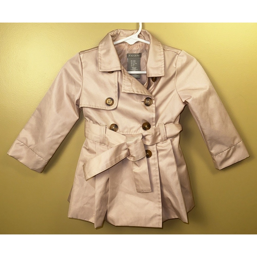 TAHARI Baby Double Breasted‎ Trench Coat Sz 12 Mo Long Sleeve Pink Pleats Lined